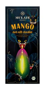 MULATE Organic Ekologiškas tamsus pieninis šokoladas su sezamu pasta, šaltyje džiovintais mangais ir kajeno pipiru, 80 g